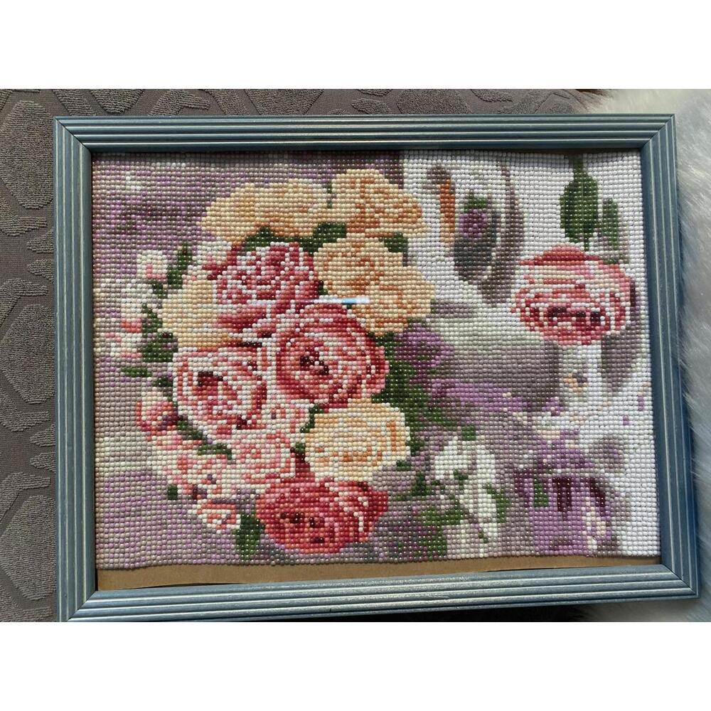 Framed Beaded Floral Bouquet Wall Art in Blue
